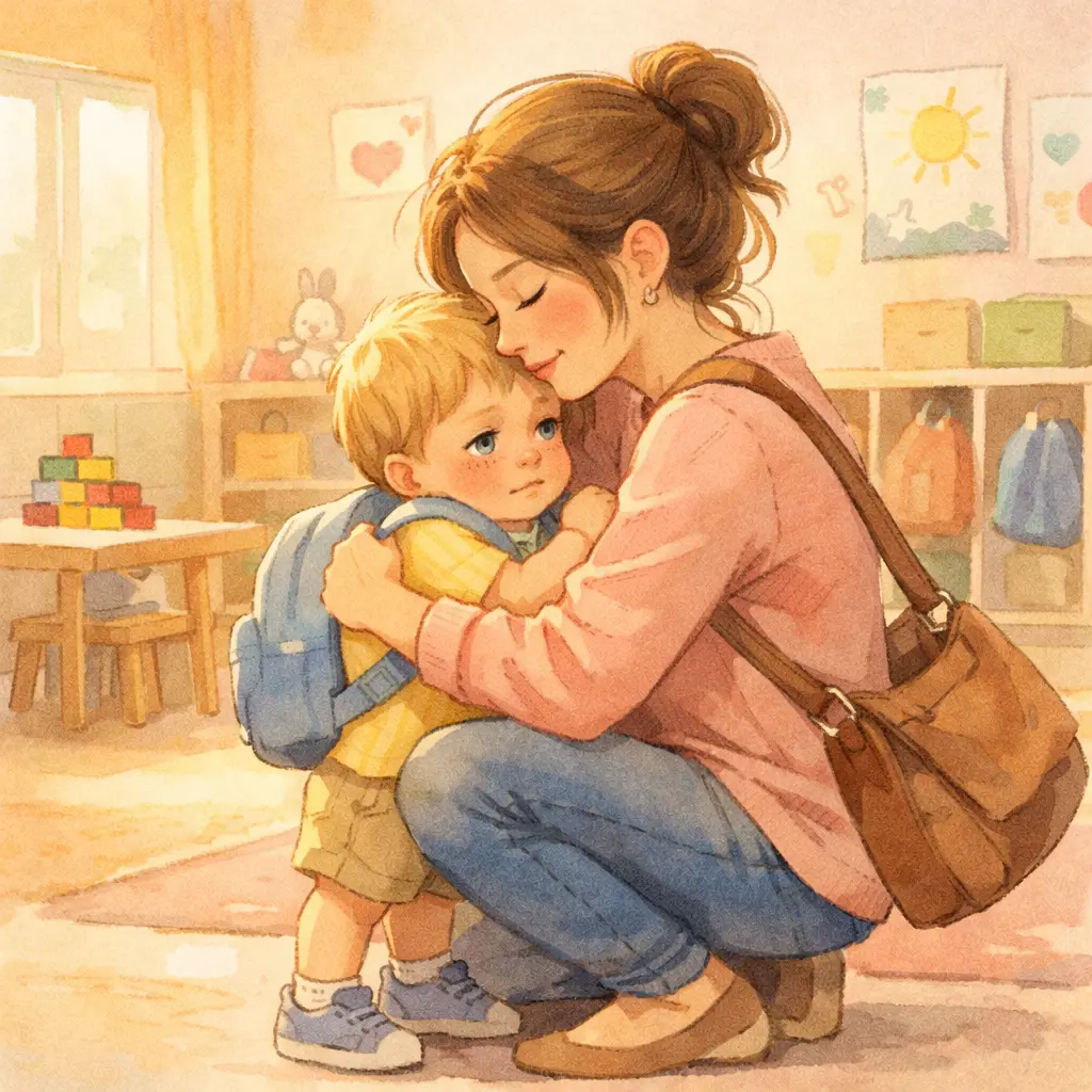A parent and child at an emotional daycare drop-off moment